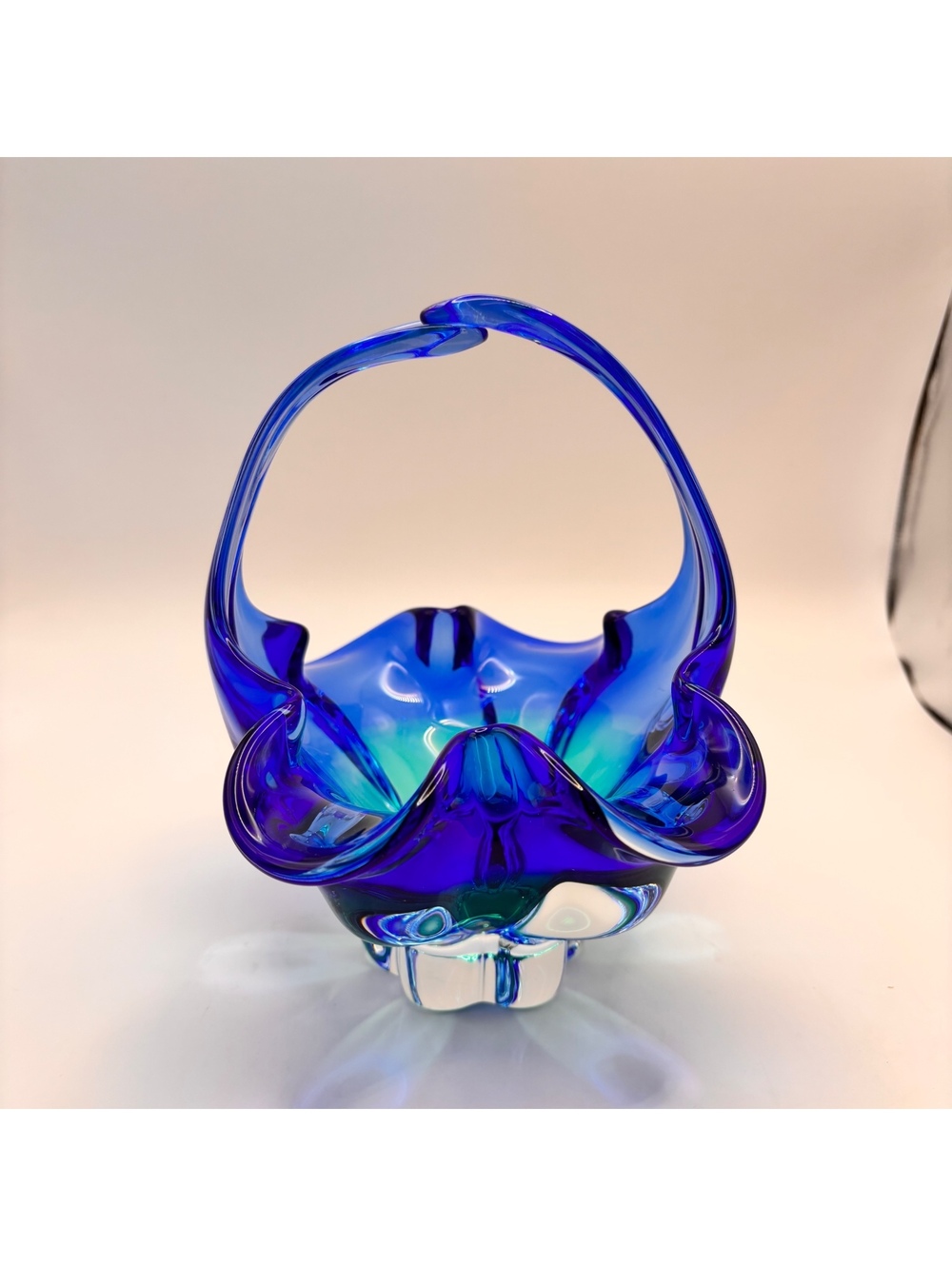 Vintage Cobalt Blue Hand-Blown Art Glass Basket Ruffled Rim Murano Style